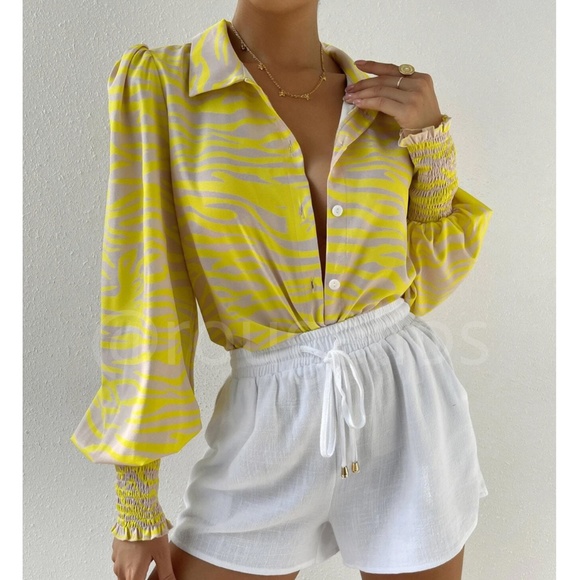 Rouge! Tops - Zebra Stripes Print Yellow Beige Button Up Front Shirt Long Bishop Sleeves